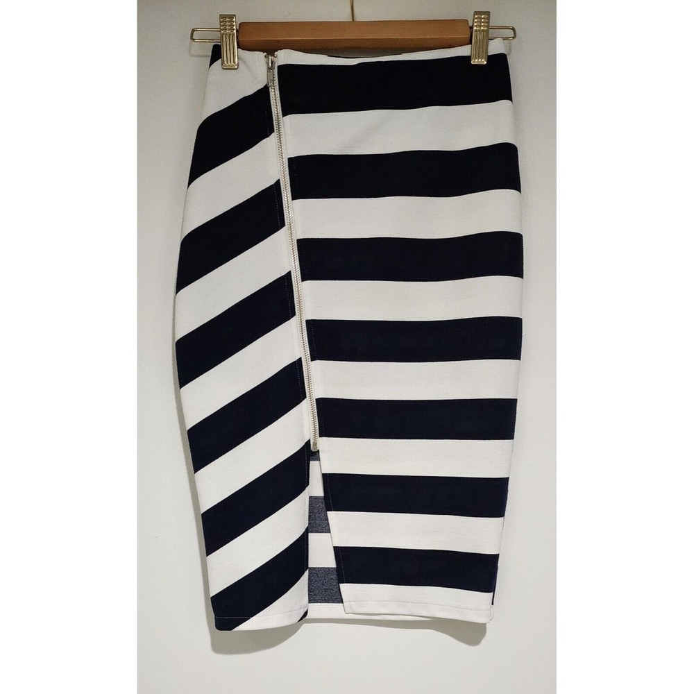 Dance & Marvel Womens Pencil Skirt Full Zip Navy Blue White Stripes Stretch Sz S